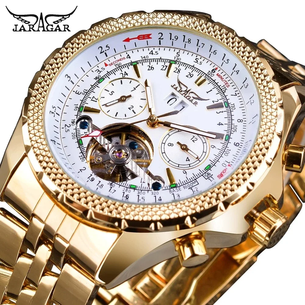 Fashion Jaragar Top Brand Calendar Week Men's Tourbillon Luxury Gold Stainless S
