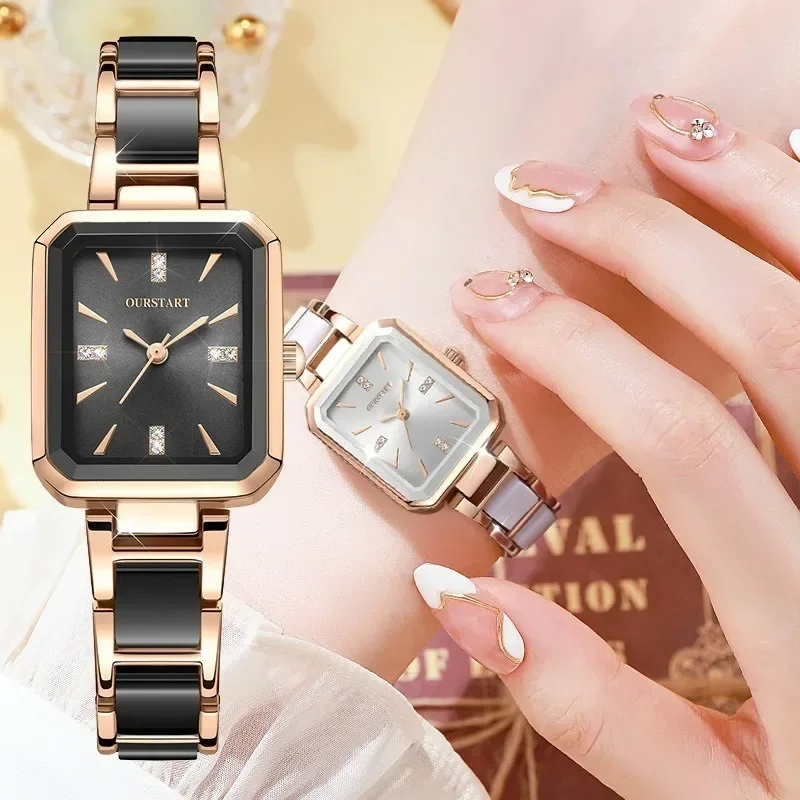 New Ceramics Elegant Watch for Women Luxury Brand Waterproof Square Black Ladies