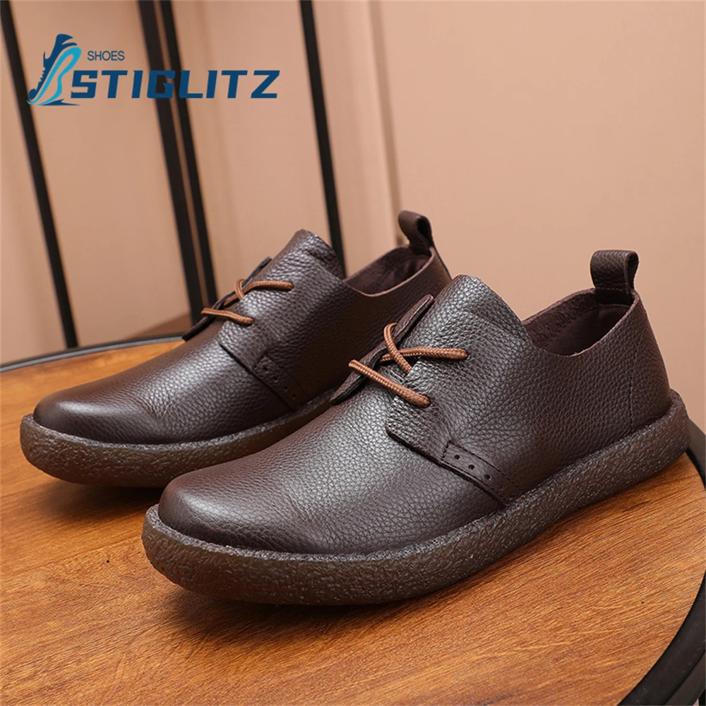 Solid Color Cowhide Lace Up Oxford Shoes for Men Non-Slip Soft Sole High Quality