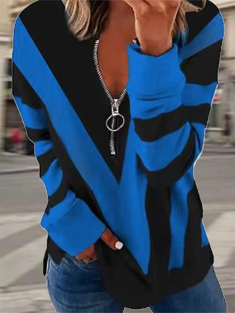 Plus Size 2024 Fall And Winter New Geometric Pattern Zipper V NeckV Neck Long-Sl