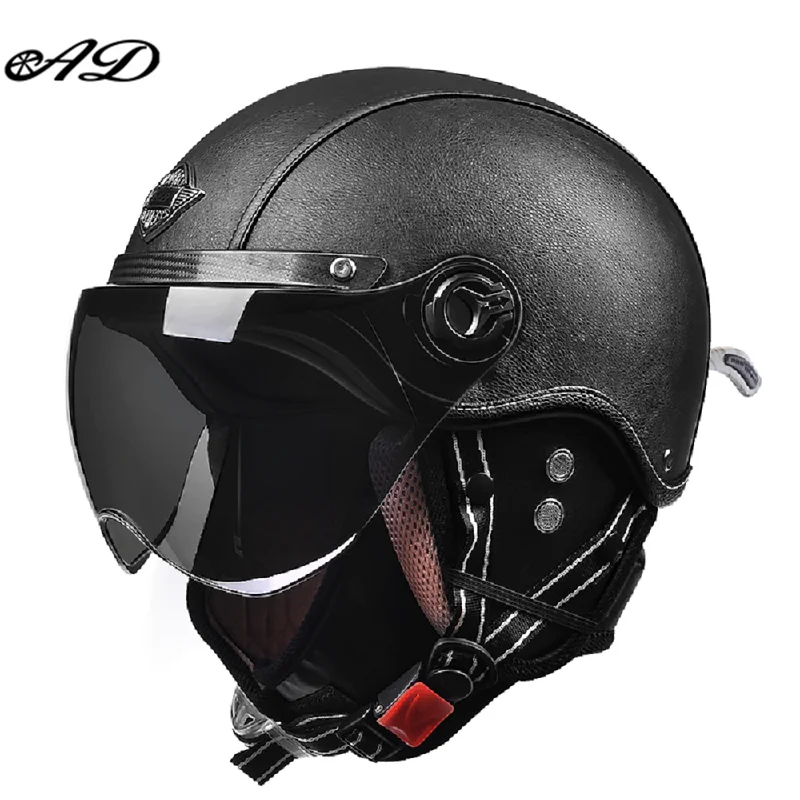 AD Retro Motorcycle Helmets with Harley Visor Leather Helmet for Man Electric Mo