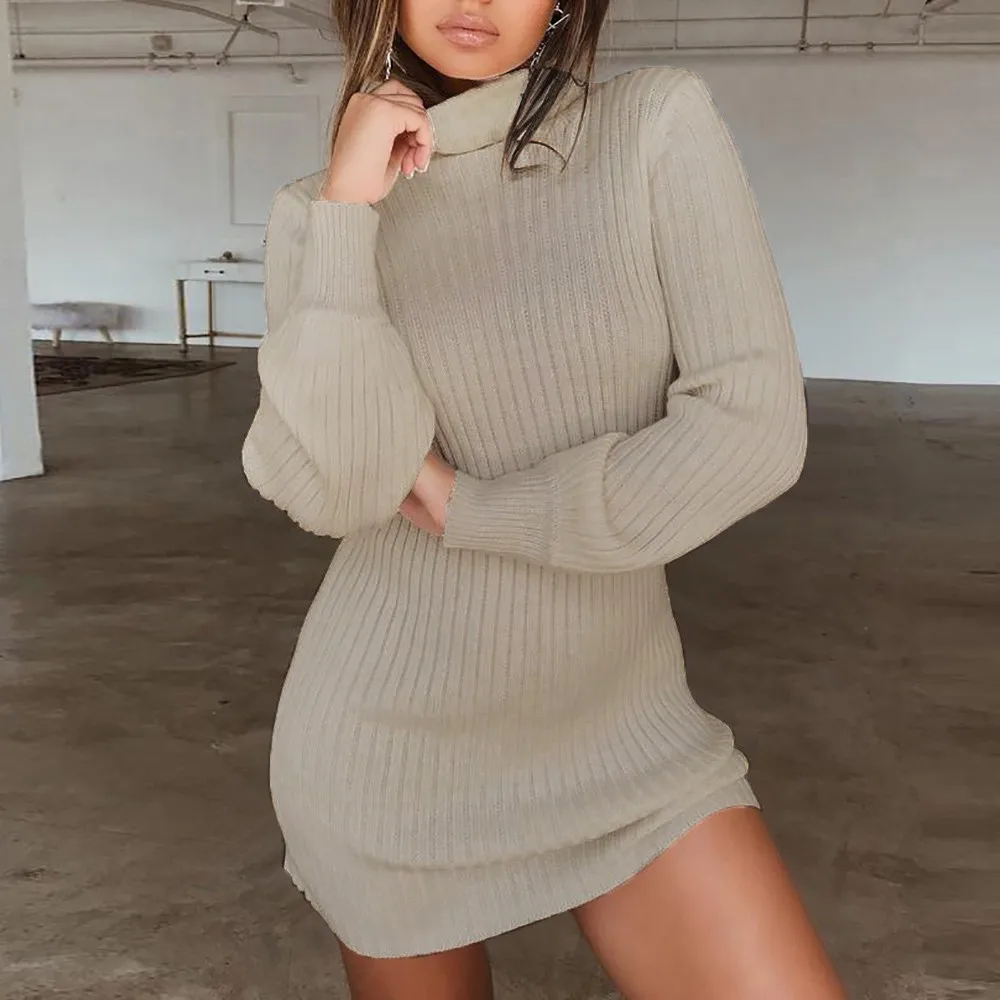 2024 Knitted Dress Women High Neck Slim Solid Wool Sweater Dresses Winter Autumn