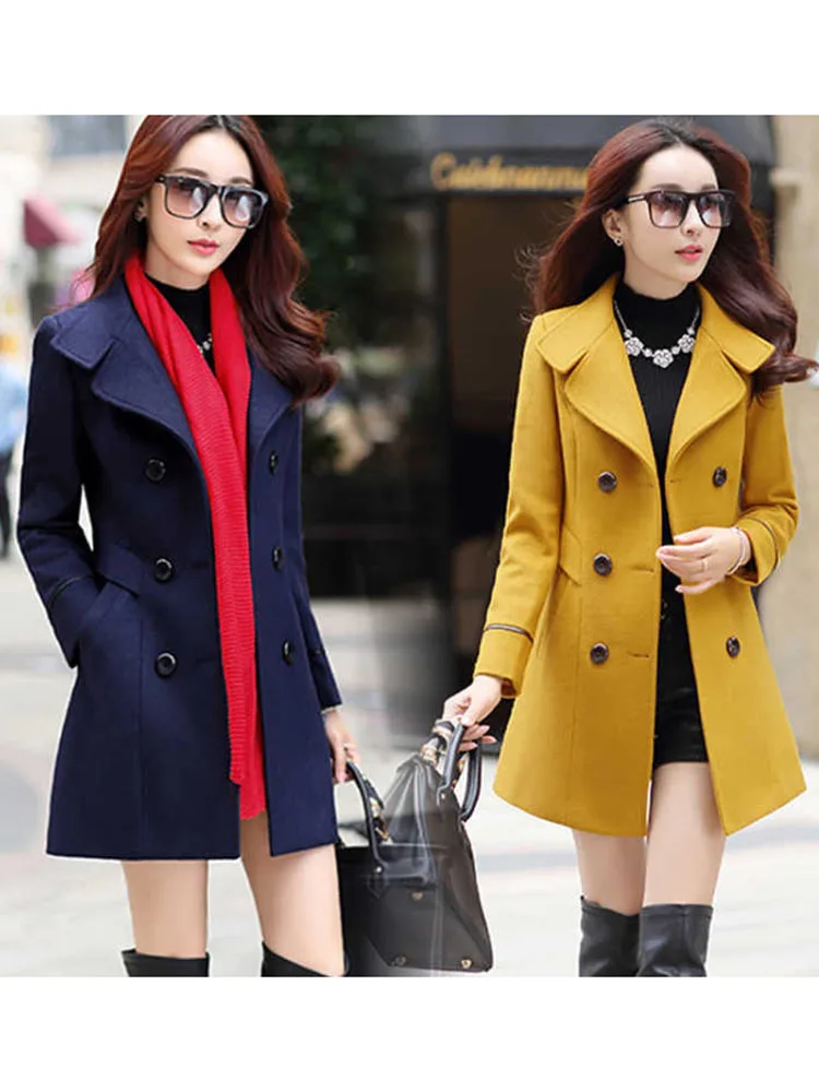 Autumn Winter Plus Size Jacket Womens Double Breasted Solid Color Coat Korean Sl
