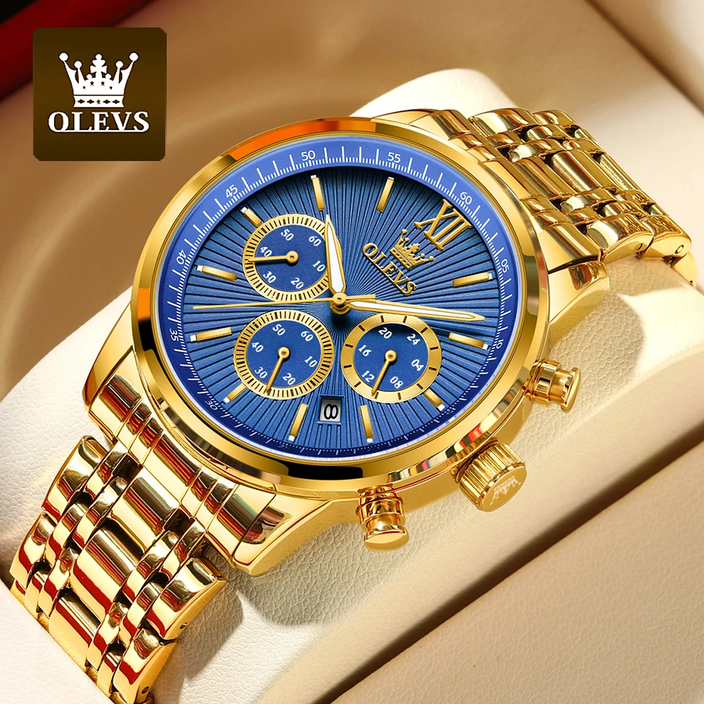 OLEVS 2023 New Gold Watch for Men Stainless Steel Waterproof Chronograph Calenda