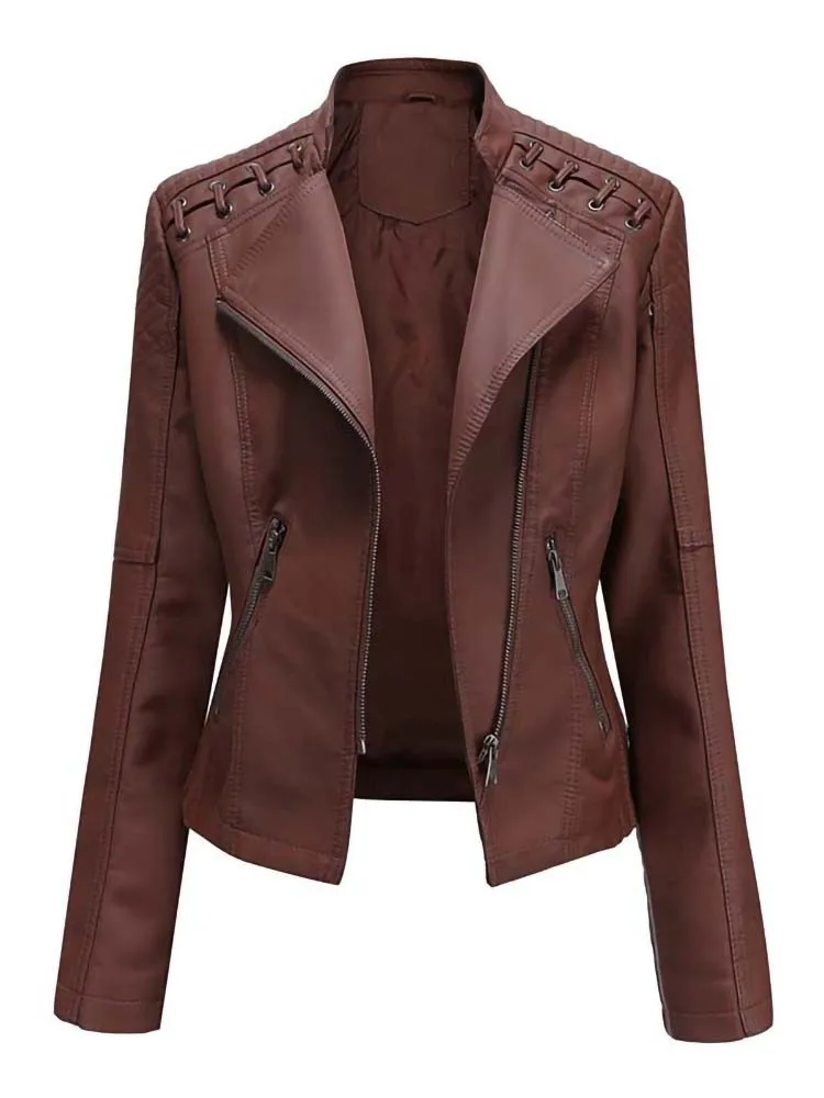 Women's Jacket Spring Autumn Winter Long Sleeve Zipper Slim Motorcycle Biker Lea