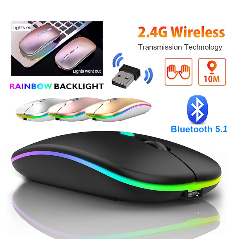 Rechargeable Bluetooth 5.1 Wireless Mouse with 2.4GHz USB RGB 1600DPI Mouse For