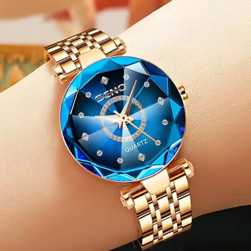 SENO Ocean Star Women Crystal Watch 2024 Top Brand Luxury Rose Gold Women Bracel