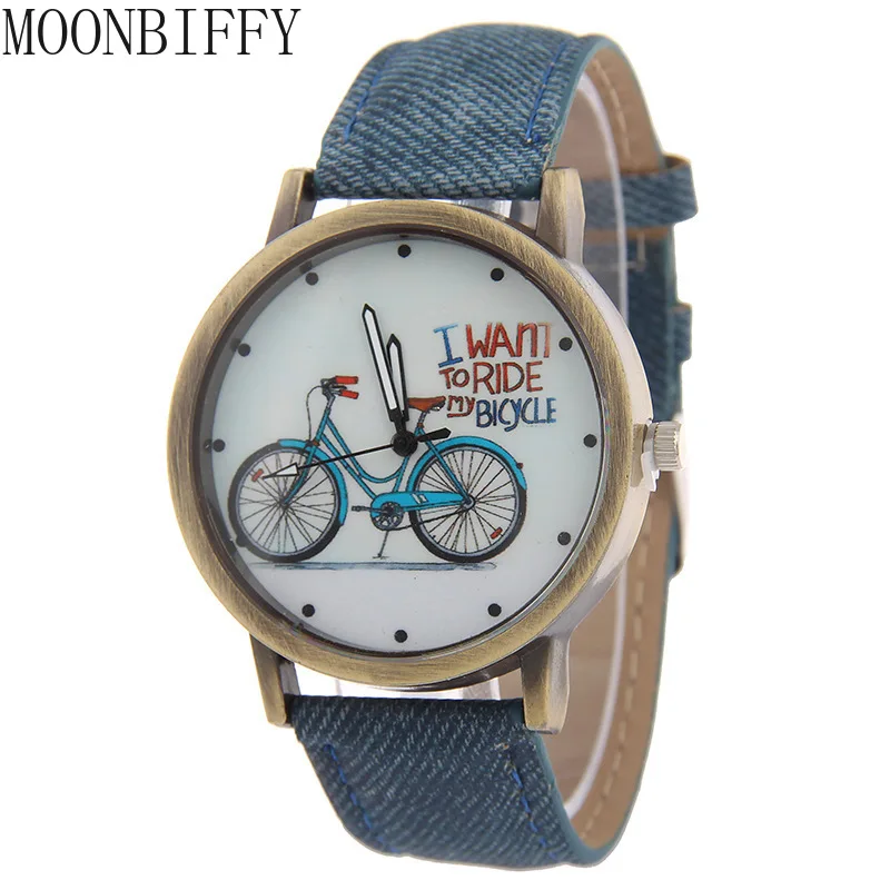 New Fashion Bicycle Women Watch Jean Fabric Leather Strap Dress Ladies Casual Qu