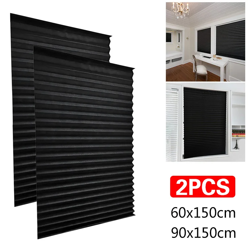 2Pcs Black Blackout Curtain Non-Woven Fabric Pleated Blinds Bathroom Kitchen Off