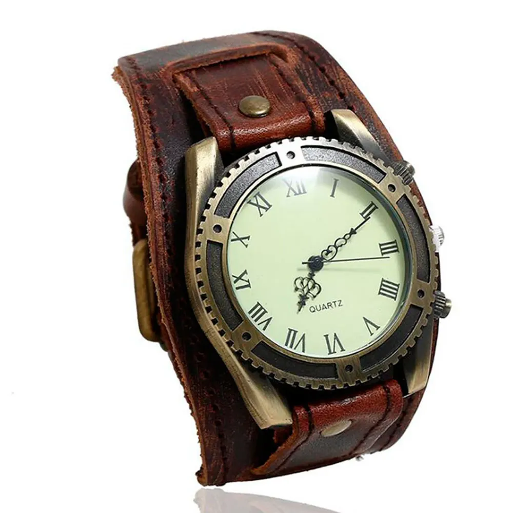 Hot Selling Vintage Cow Leather Bracelet Watch Men Women Wrist Watches Roman Num