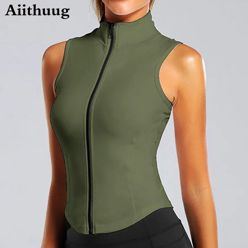 Aiithuug Athletic Zip Up Sweat Vest Jacket Sleeveless Running Yoga Tops High Nec