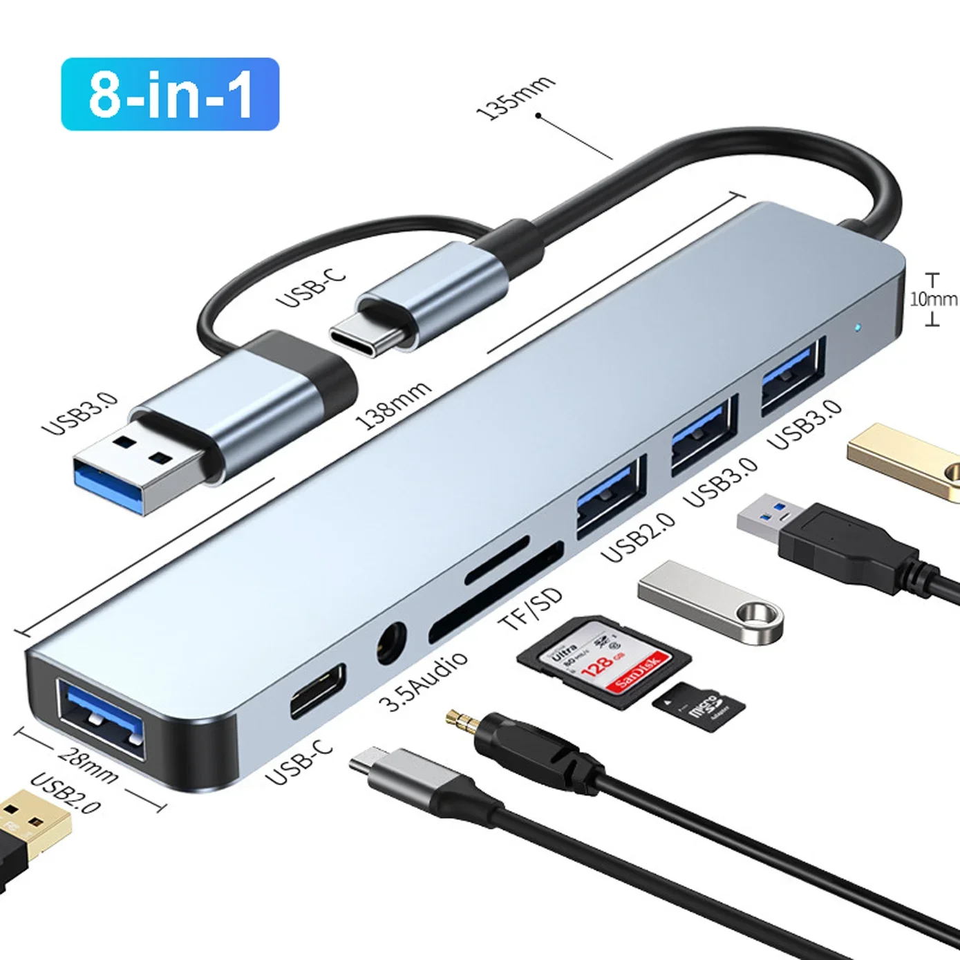 8-IN-2 USB hub 3.0 USB C hub dock station 5Gbps High Speed Transmission USB Spli