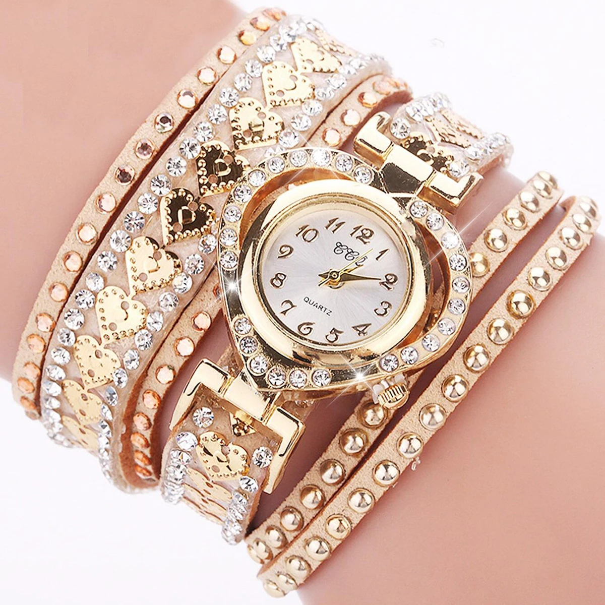 Fashion Women Leather Diamond Bracelet Quartz Wrist Watch