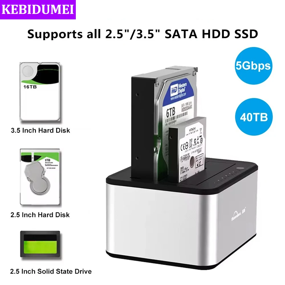 Dual-bay Hard Drive Docking Station 2.5/3.5 Inch SSD External Hard Drive Enclosu