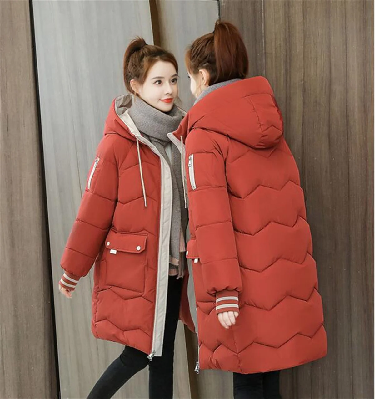 Women Winter Mid-length Quilted Coat Hooded Overcoat Thick Warm Jackets Contrast