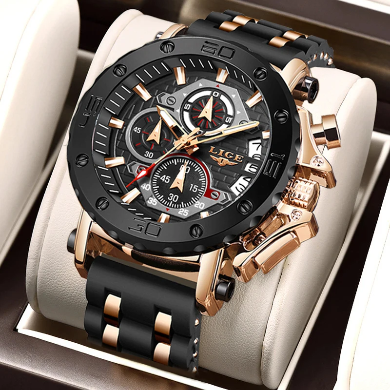 LIGE Luxury Casual Sport Watch Top Brand Creative Chronograph Silicone Strap Dat