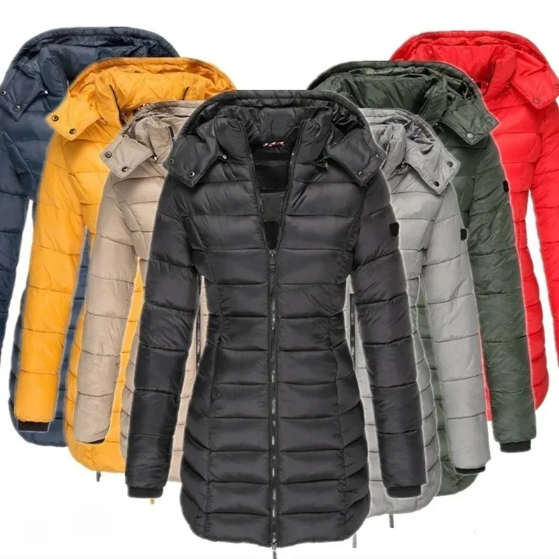 2024 Winter Women Zipper Thick Warm Parkas Solid Color Casual Hooded Long Sleeve