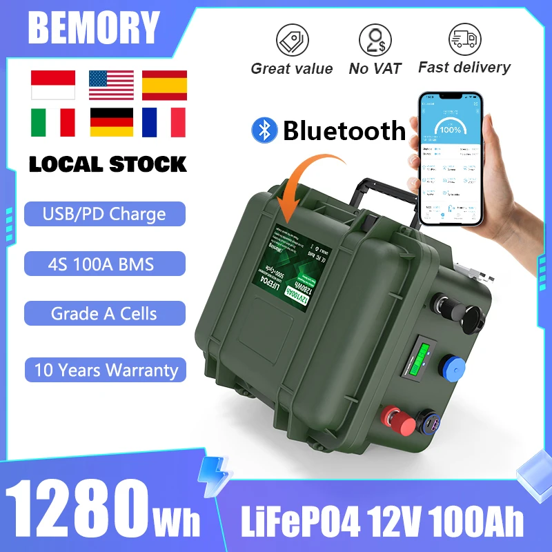LiFePO4 Battery 12V 100Ah 140Ah 12.8V Bluetooth BMS 6000+ Cycles USB 3.0/PD Char