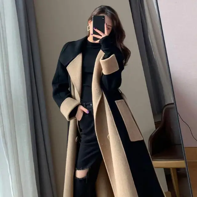 Elegant Double-breasted Women Overcoat Turn-down Collar Keep Warm Pockets Oversi