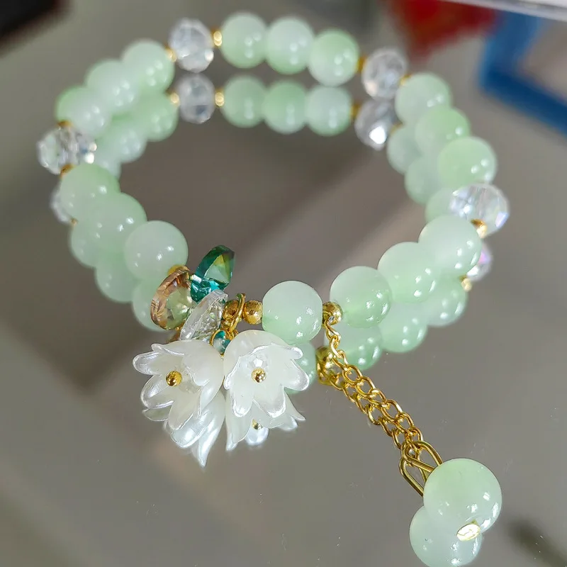 Cute Green Crystal Bead Bracelet for Women Trendy Lily Valley Flower Charm Elast
