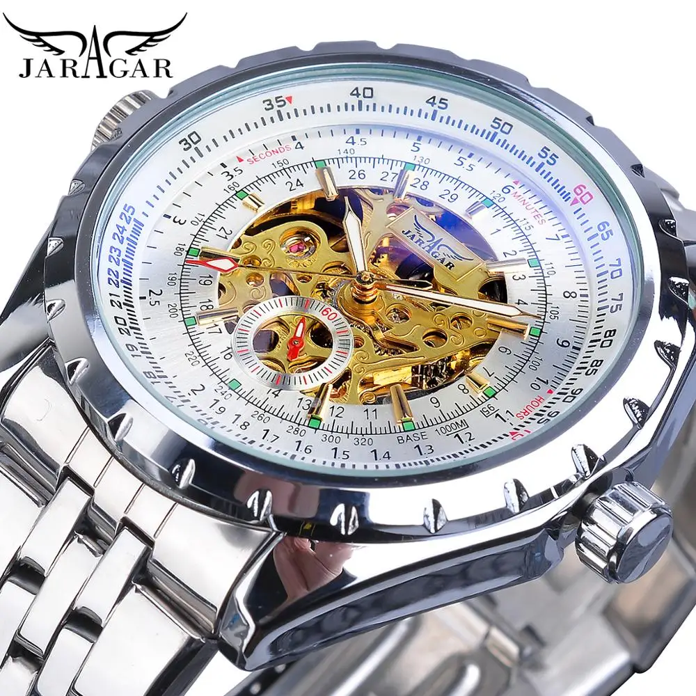 Jaragar Brand Classic Automatic Mens Watch Relojes Hombre Silver Skeleton Steel 