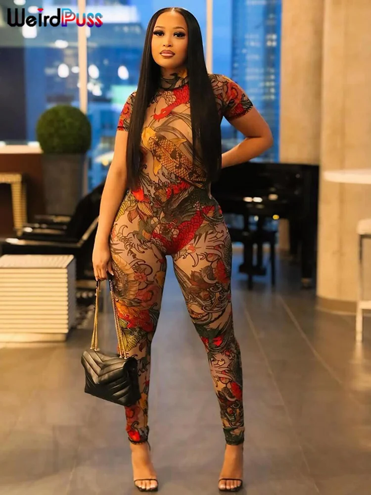 Weird Puss See Through Jumpsuit Women Backless Dragon Print Short Sleeve Fitness