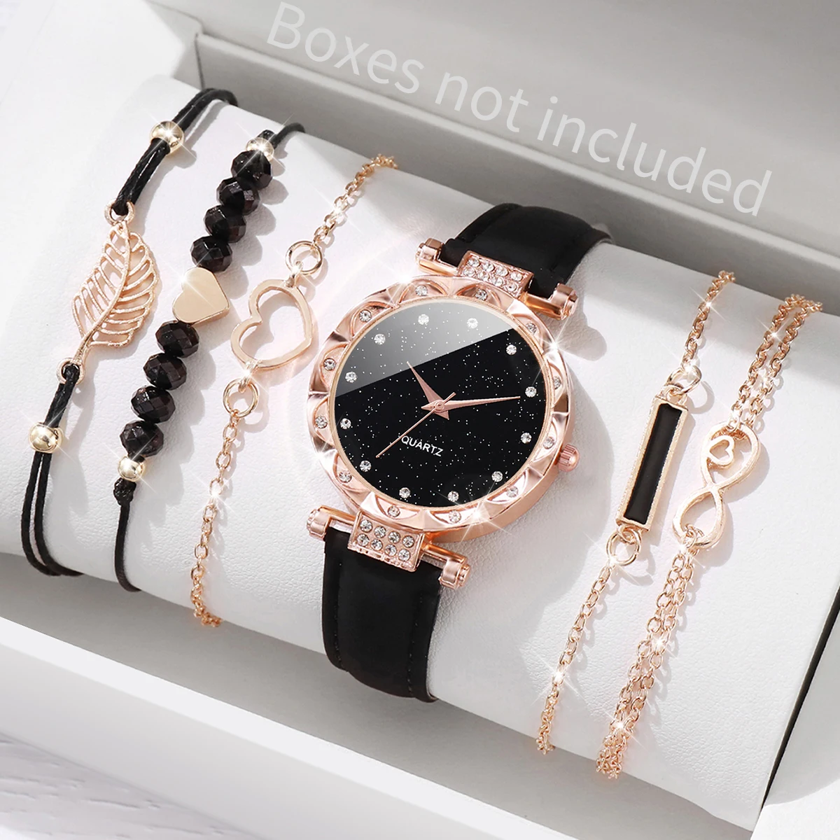 6PCS/Set Women's Fashion Watch Set Simple Dial Leather Quartz Watch With Love Le