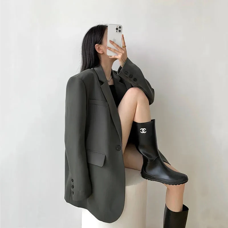 Black Suit Jacket Women Loose Straight Long Sleeve Spring Fall Fashion Outwear B