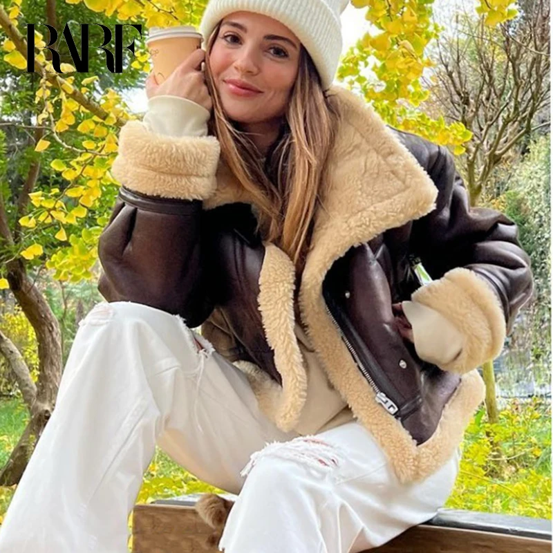 RARF 2024 New Autumn Winter Women Faux Lamb Fur Short Jacket Vintage Female Moto