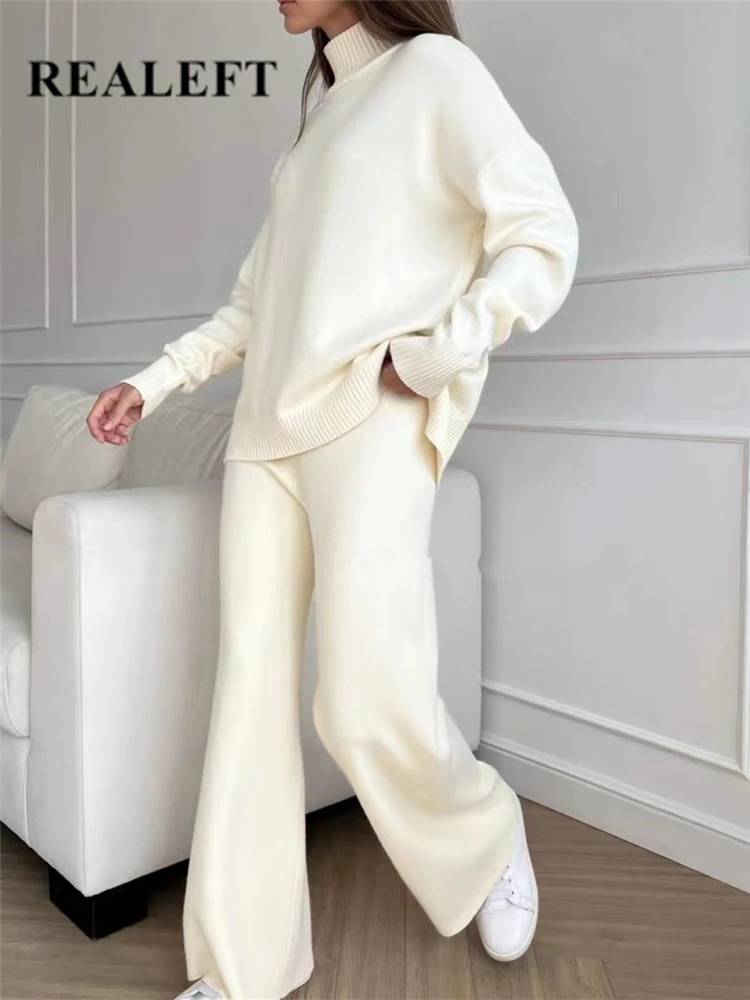 Autumn Winter 2 Pieces Women Sets Knitted Tracksuit Turtleneck Sweater and Strai