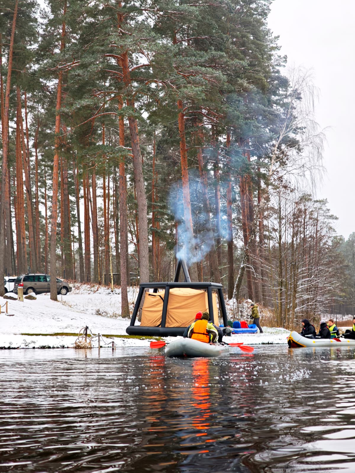 Winter packrafting with pop-up sauna