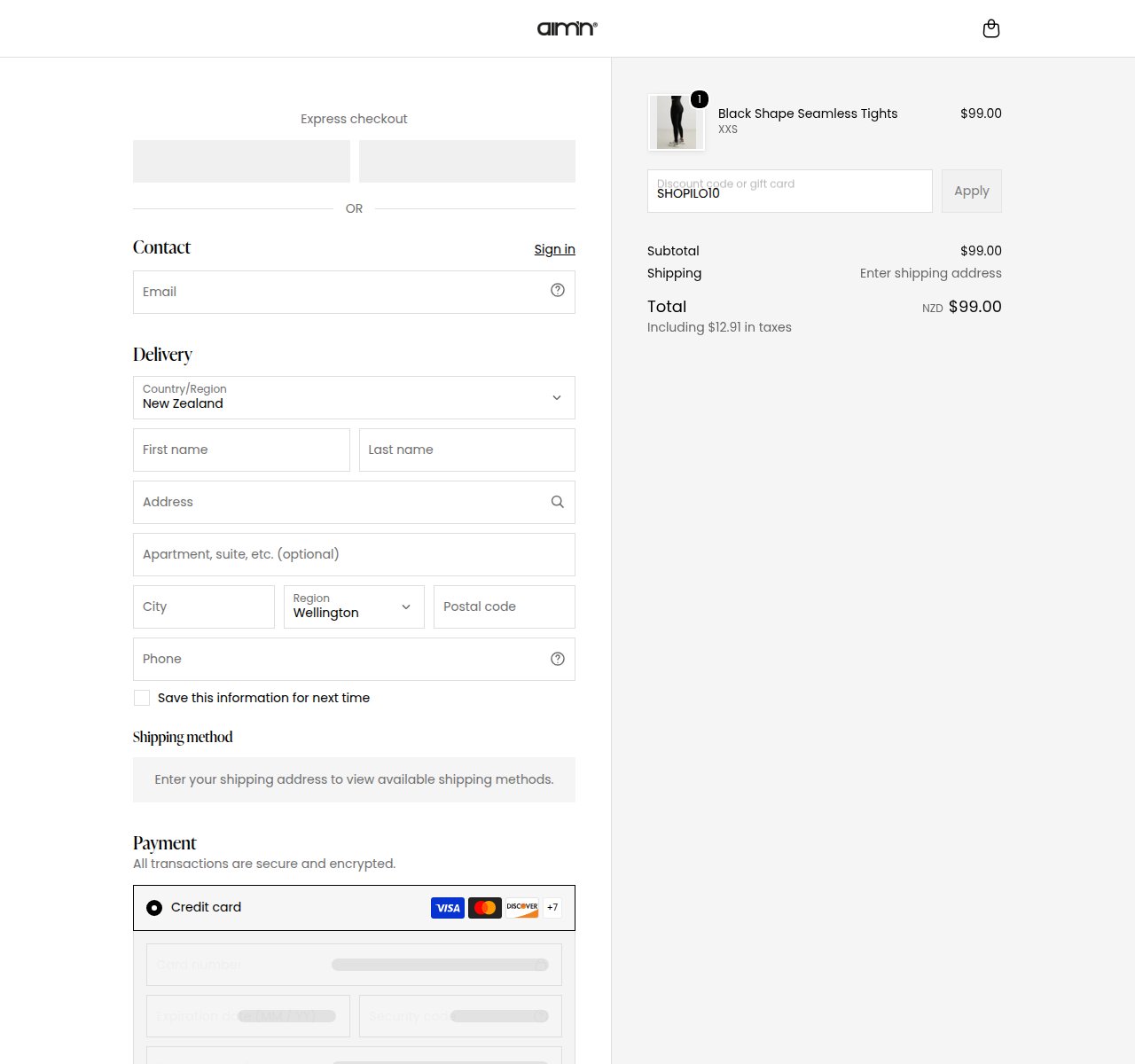 Where to enter the discount code on the AIM'N website