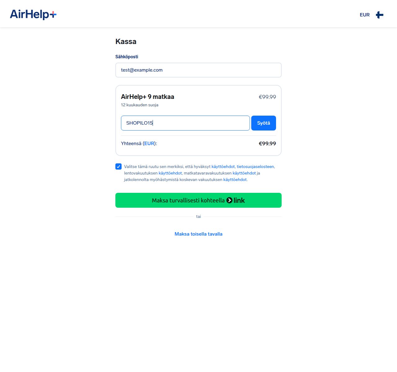 Mihin alennuskoodi syötetään AirHelp-sivustolla