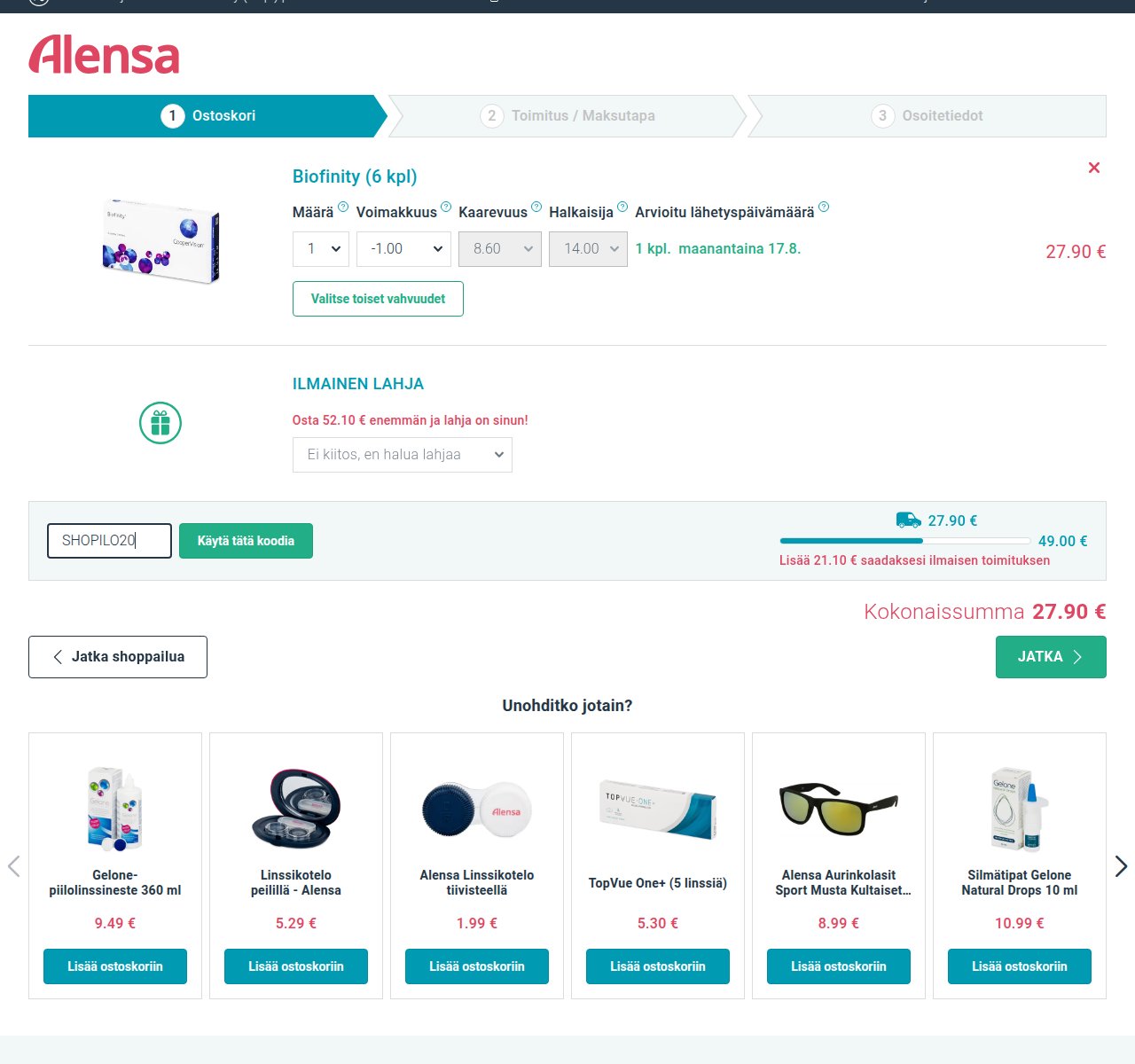 Mihin alennuskoodi syötetään Alensa-sivustolla