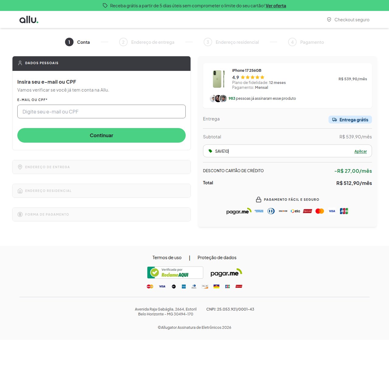 Onde inserir o código de desconto no site da Allugator