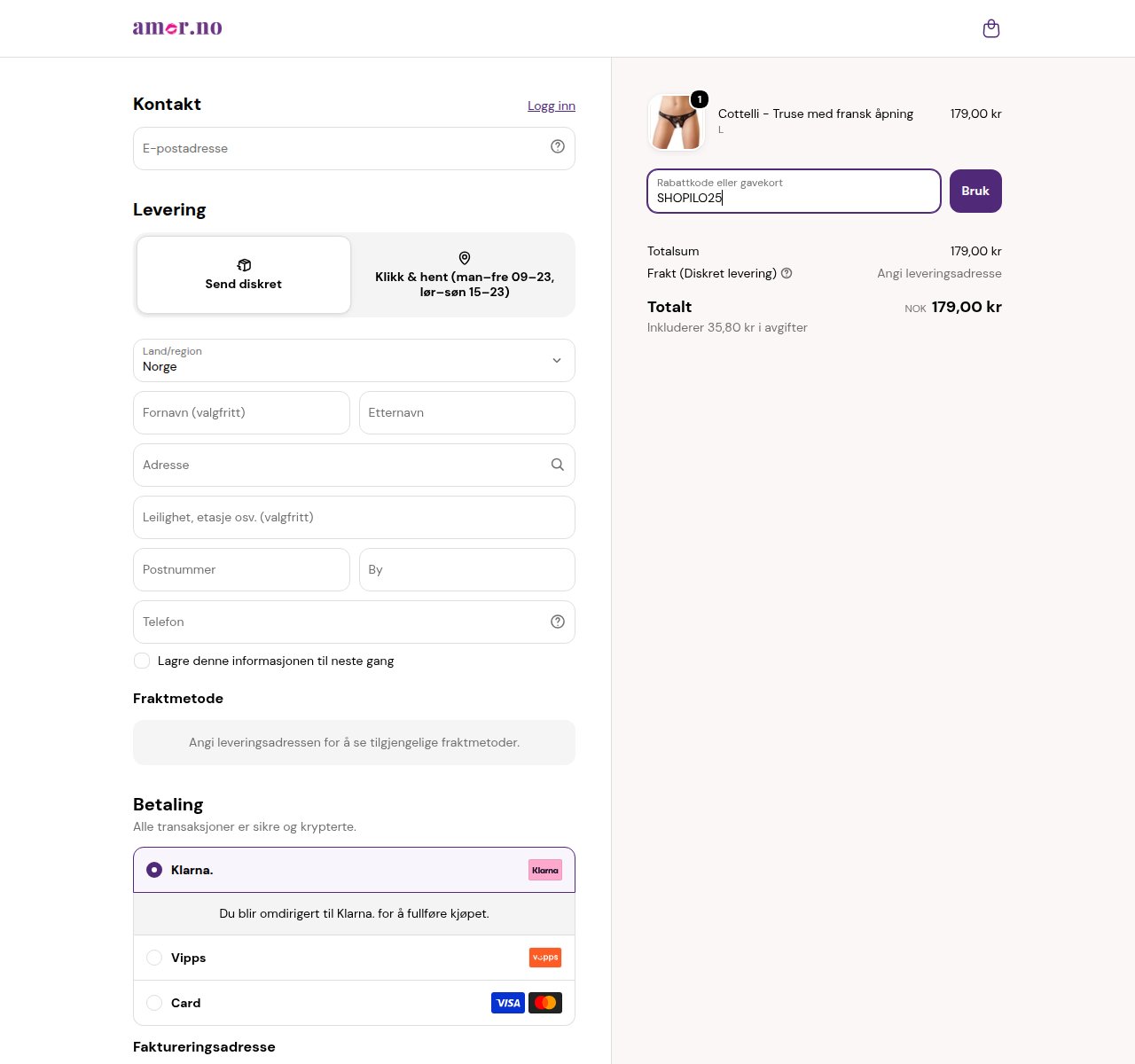 Where to enter the discount code on the Amor.no website