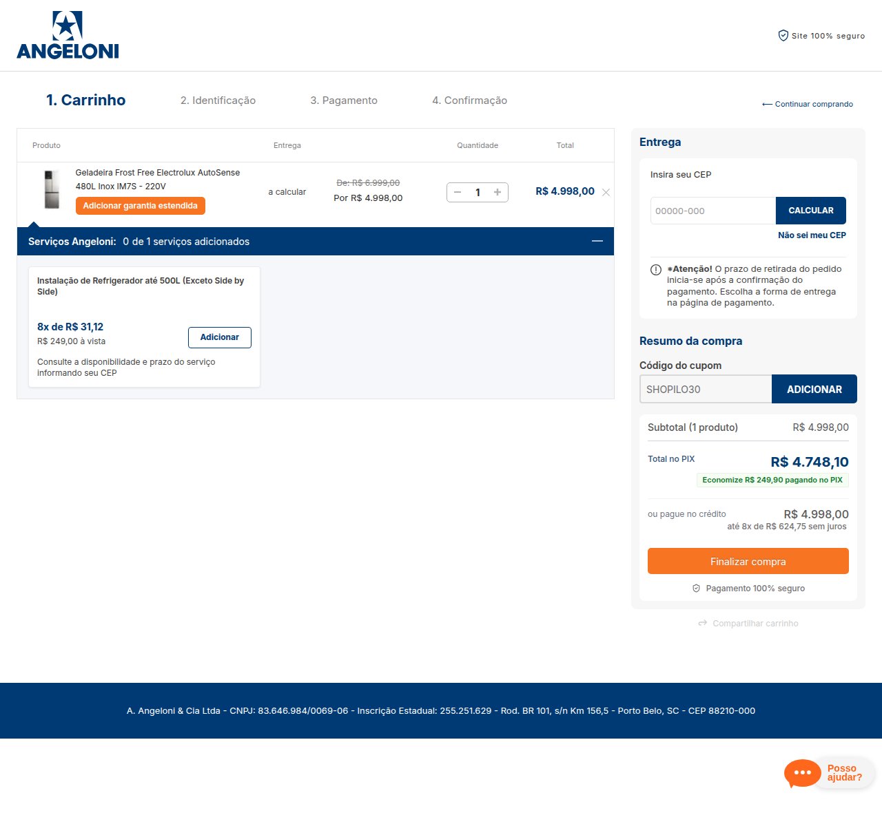 Onde inserir o código de desconto no site da Angeloni