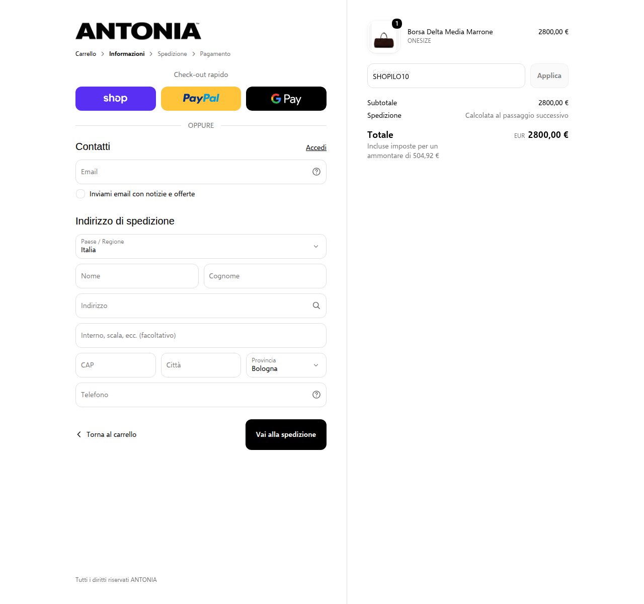 Dove inserire il codice sconto sul sito Antonia