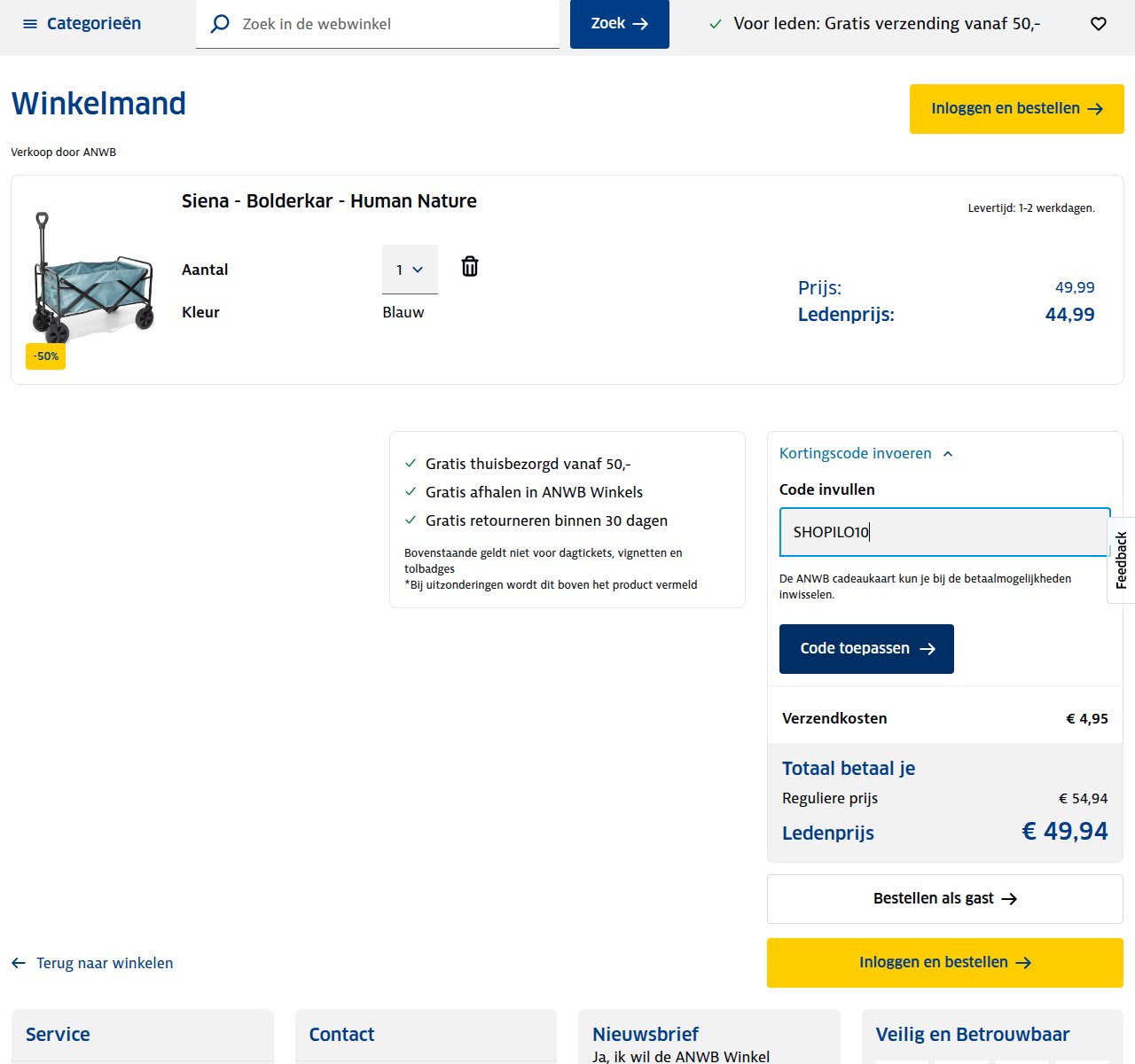 Waar je de kortingscode invoert op de ANWB-website