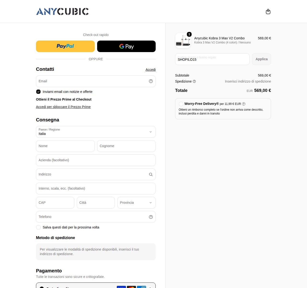 Dove inserire il codice sconto sul sito Anycubic