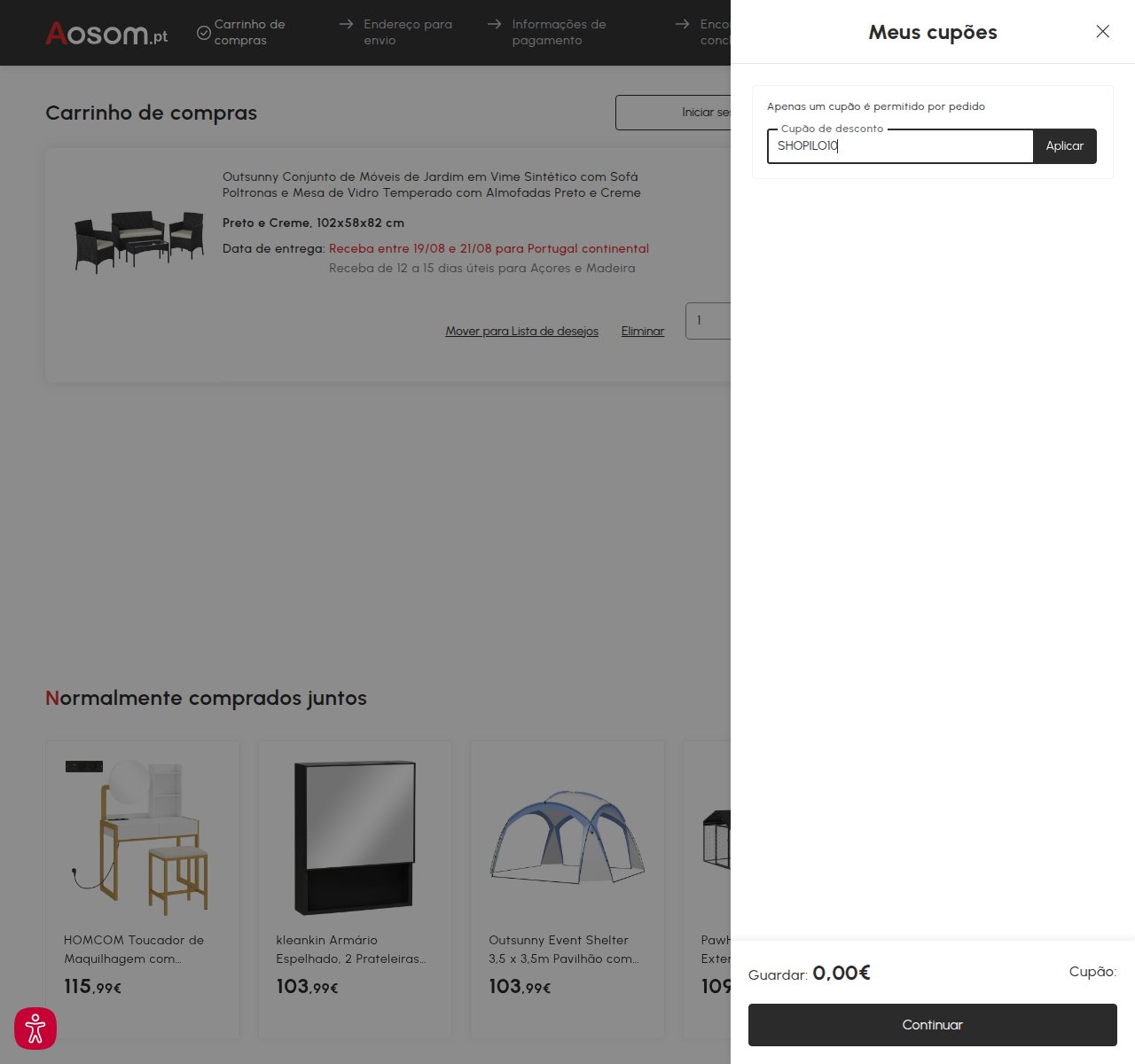 Onde inserir o código de desconto no site da Aosom