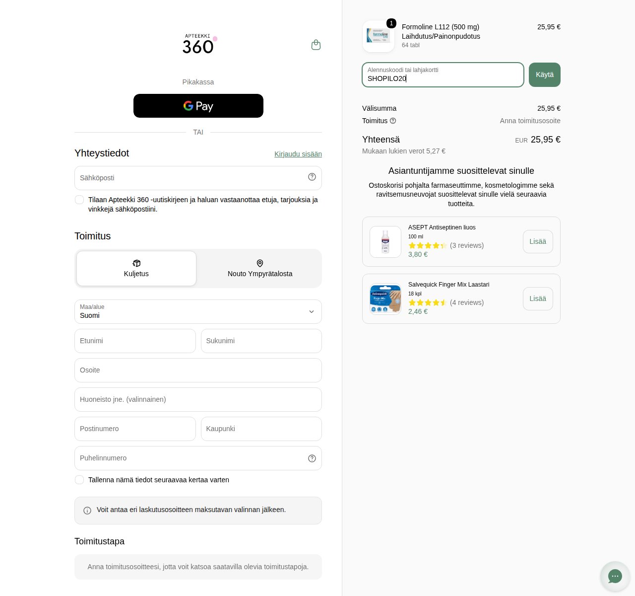 Mihin alennuskoodi syötetään Apteekki 360-sivustolla