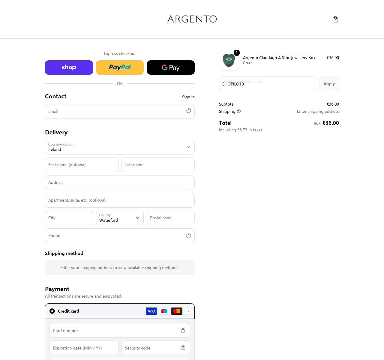 Where to enter the discount code on the Argento website
