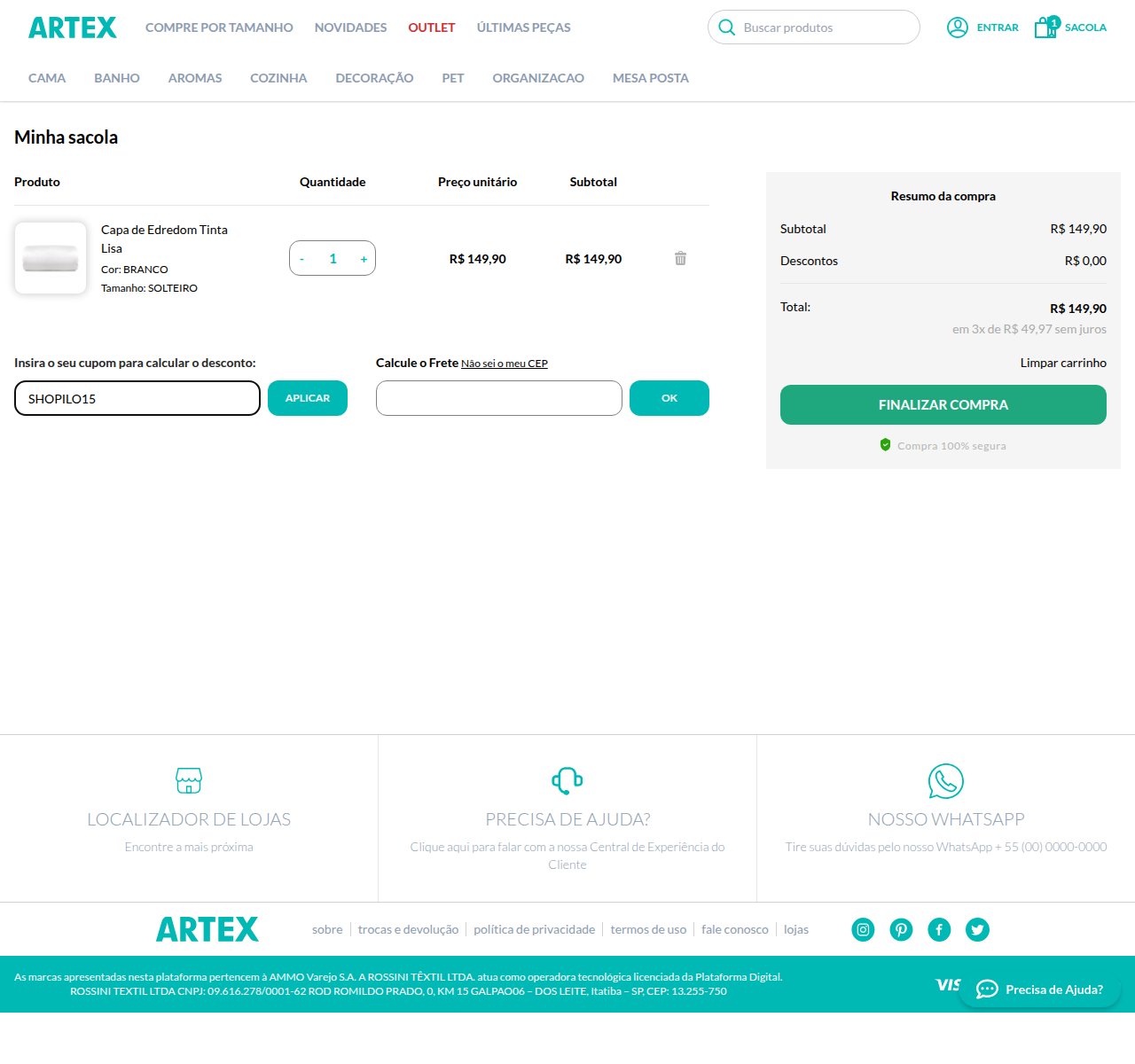 Onde inserir o código de desconto no site da Artex