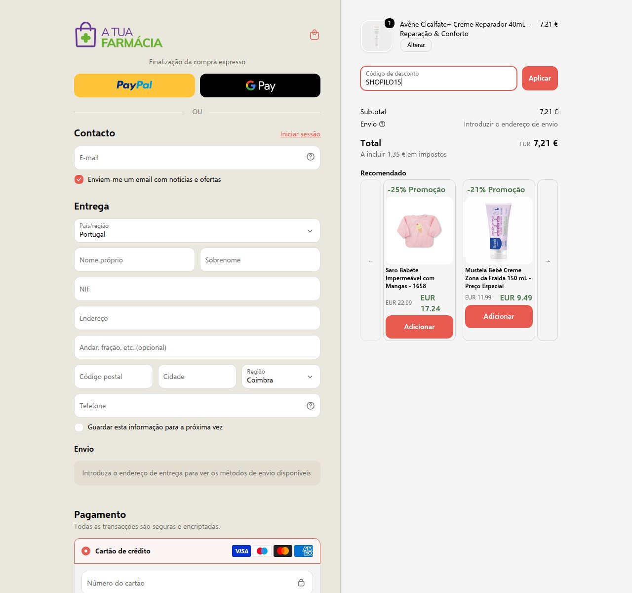 Onde inserir o código de desconto no site da A Tua Farmácia
