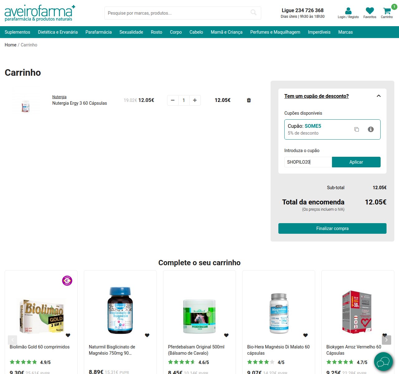 Onde inserir o código de desconto no site da AveiroFarma