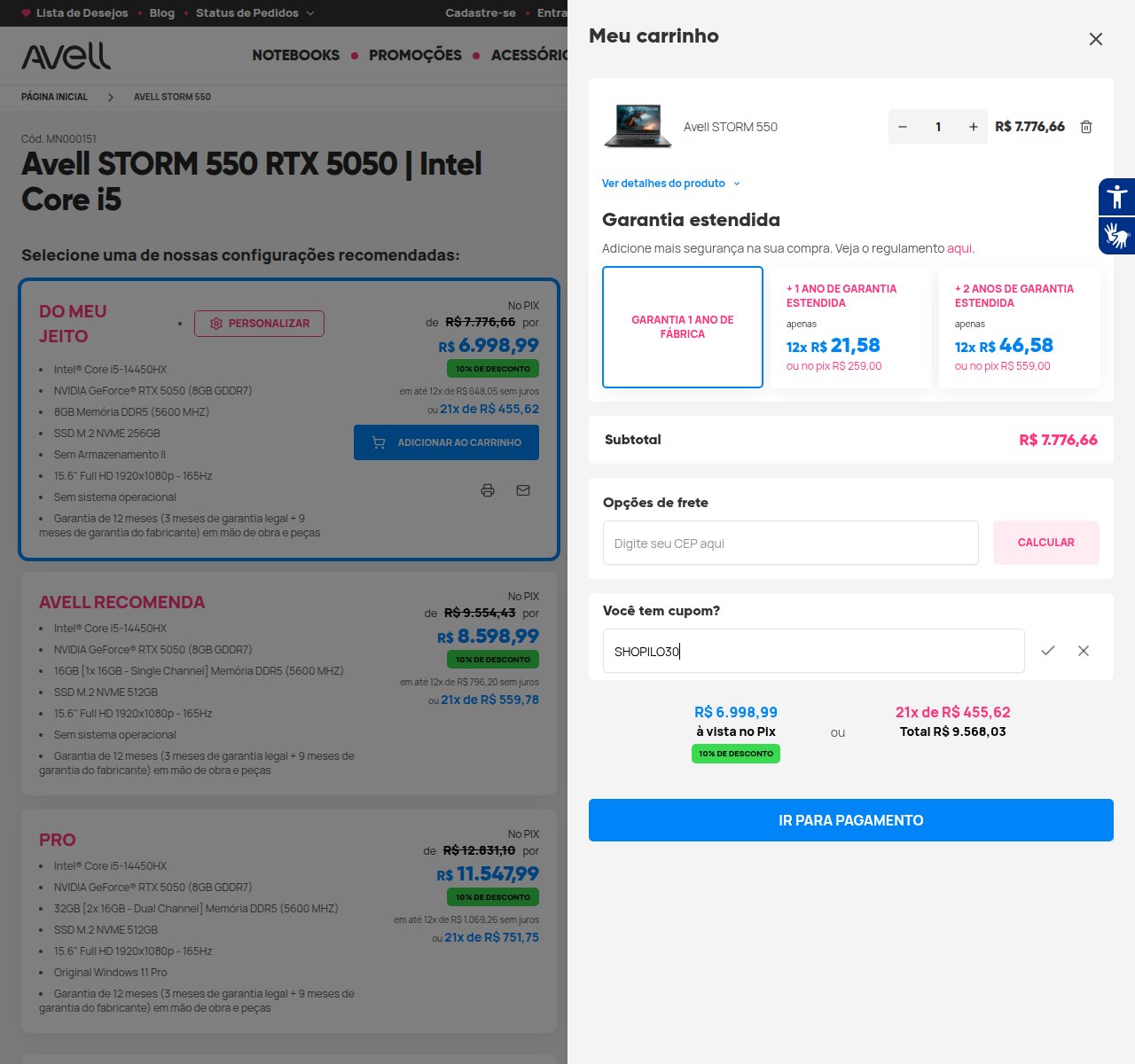 Onde inserir o código de desconto no site da Avell