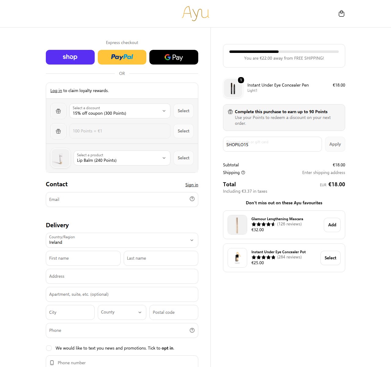 Where to enter the discount code on the AYU Cosmetics website