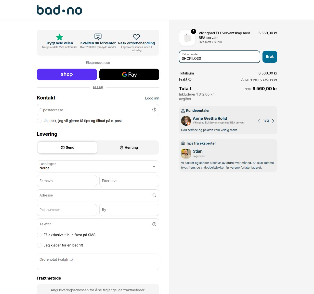 Where to enter the discount code on the Bad.no website