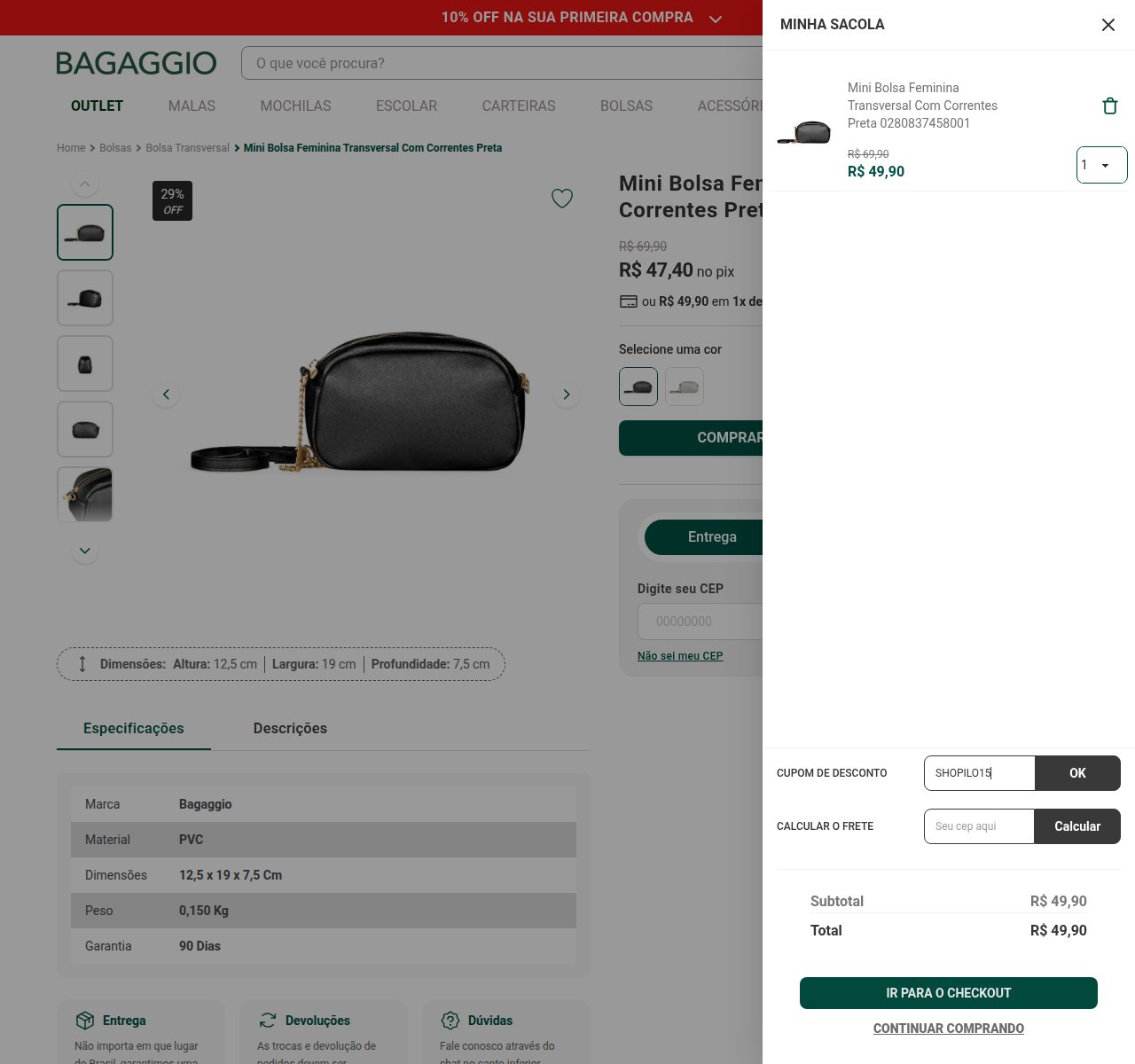 Onde inserir o código de desconto no site da Bagaggio